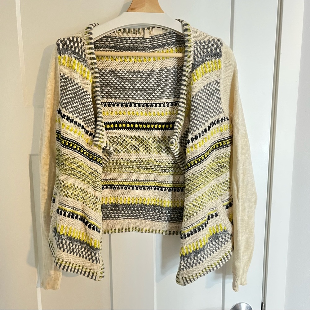 Anthropologie Moth Open Cardigan, Cream/Gray/Black/Yellow, Size Small